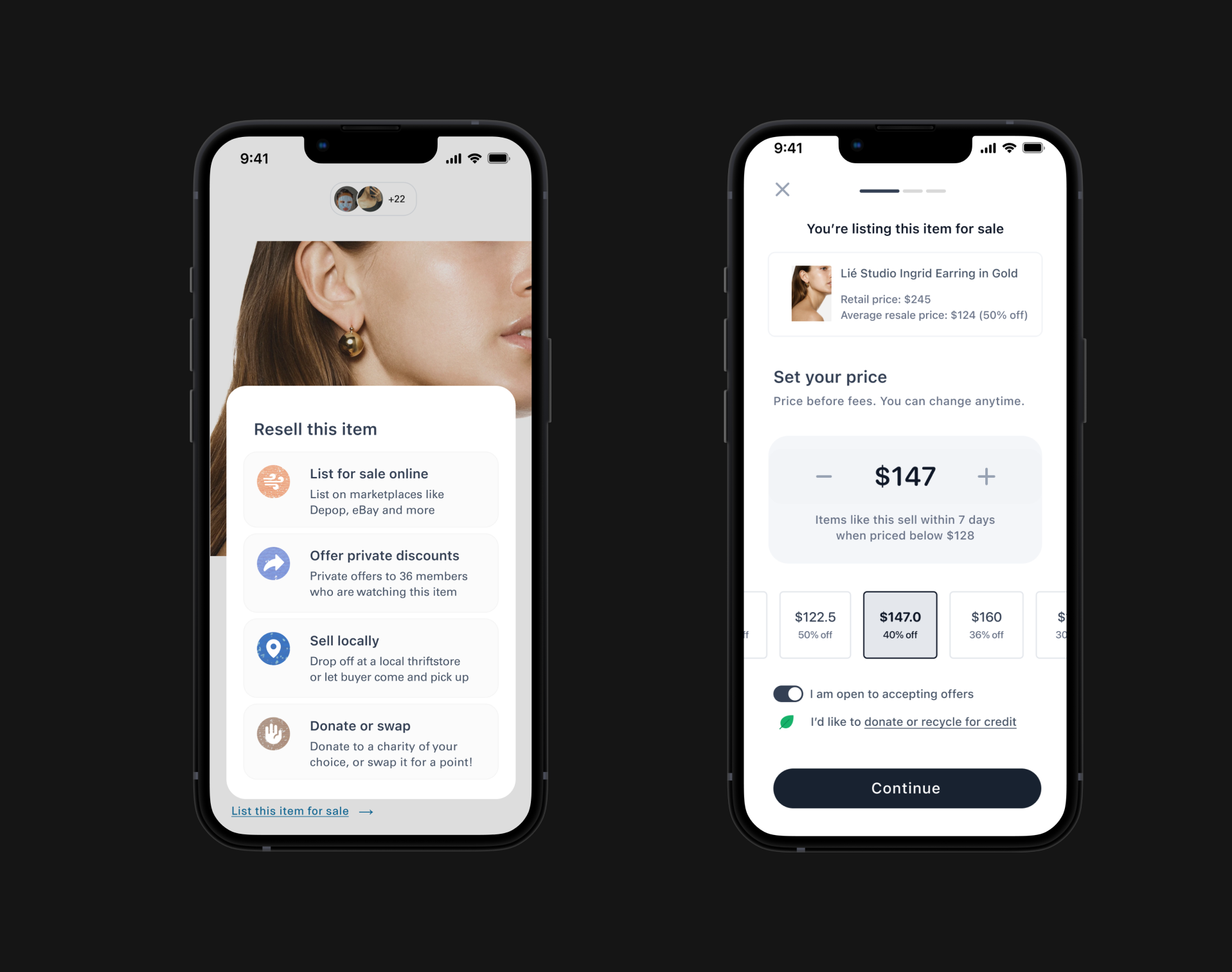 Mobile resale listing flow showing resell options and pricing